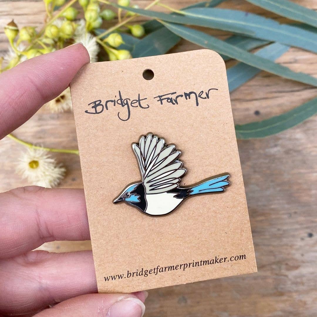 Bridget Farmer Printmaker - Wholesale Lapel pin/button - Superb Fairywren In Flight - Enamel Pin12