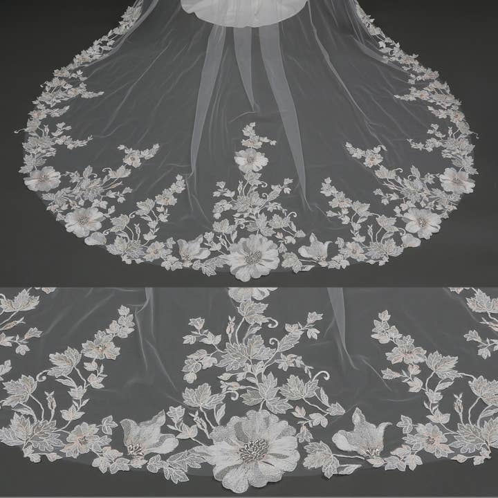 FS6297 Floral Vine Embroidered Lace Bridal Veil 120" for wholesale by Farinosa Bridal