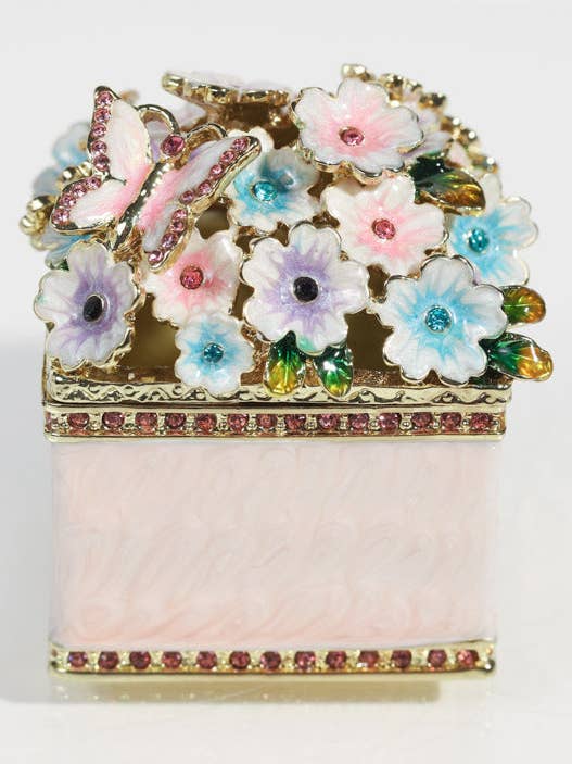 Square Pink Enamel Jewelry Box with Floral Cluster for wholesale by Little Luxe Charm Co.
