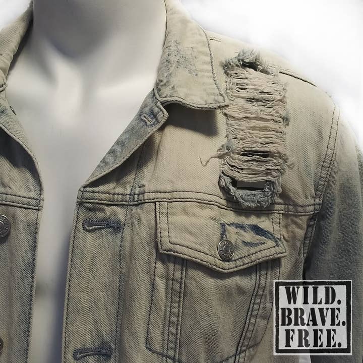WILD. BRAVE. FREE. - Wholesale Denim Jacket - Men's - "Sky Valley" One of A Kind, Men's Denim Art Jacket (L)5