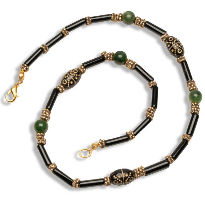 Klimt Inspired Gold Flecked Necklace with Jade and Onyx for wholesale by Discoveries, Inc.