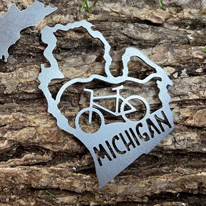 Michigan State Mountain Bike Raw Steel Ornament Sustainable for wholesale by BE Creations & Designs, Inc.