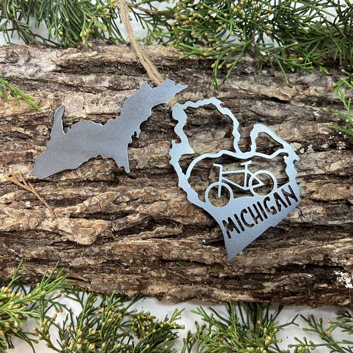 Michigan State Mountain Bike Raw Steel Ornament Sustainable for wholesale by BE Creations & Designs, Inc.