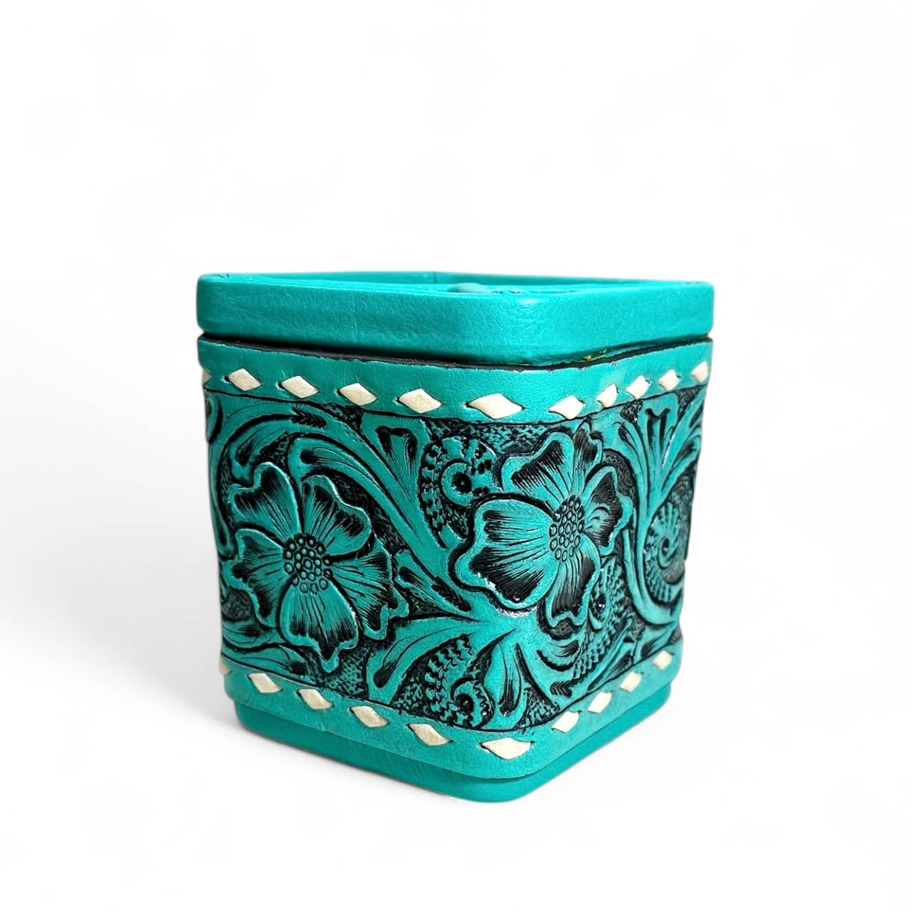 Western Linens – wholesale Pencil holder – Square turquoise tooled leather pencil holder