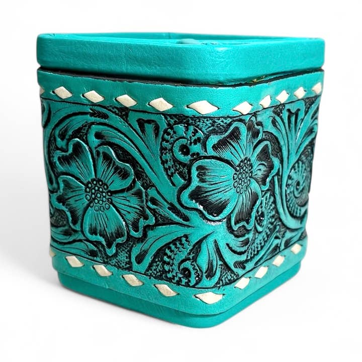 Western Linens – wholesale Pencil holder – Square turquoise tooled leather pencil holder 0