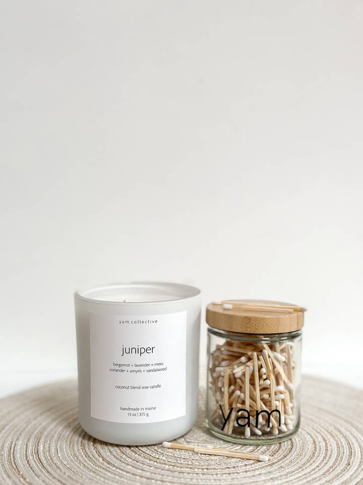 Juniper-13 oz Moss + Coriander Matte White Glass Candle for wholesale by yam collective