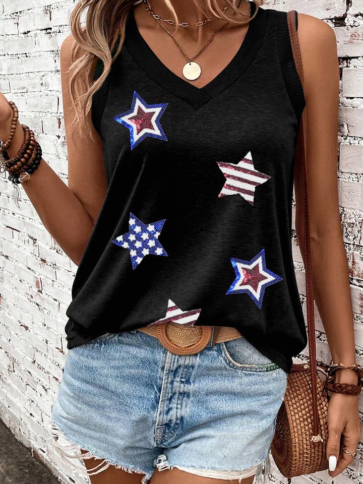 Black July 4th Sequin Star Patched V Neck Tank Top for wholesale on Faire