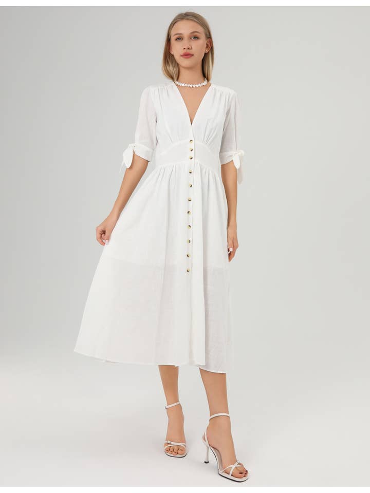 White Linen Casual Short Sleeves Bowknot Midi Dress SKD152 for wholesale on Faire