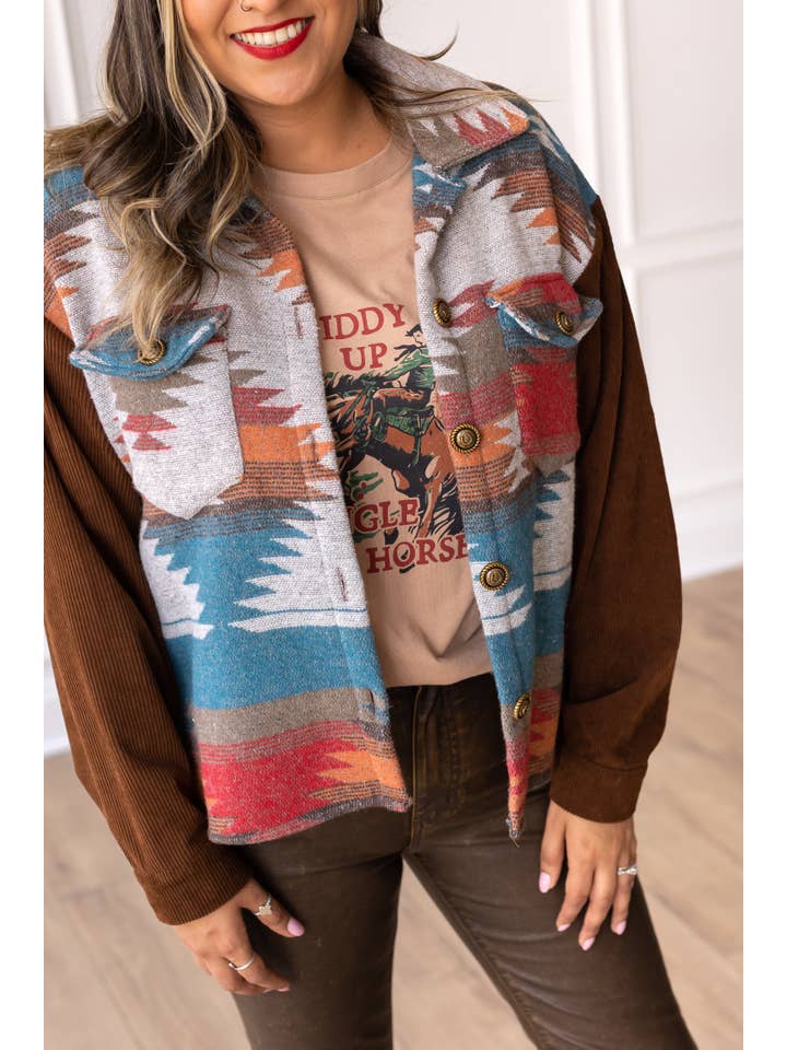 Brown Corduroy Canyons Aztec Print Shacket for wholesale on Faire