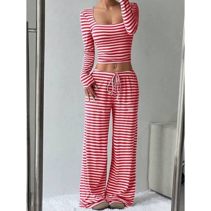 Stripe Ribbed Crop Top and Wide Pants Set for wholesale by Mapcie