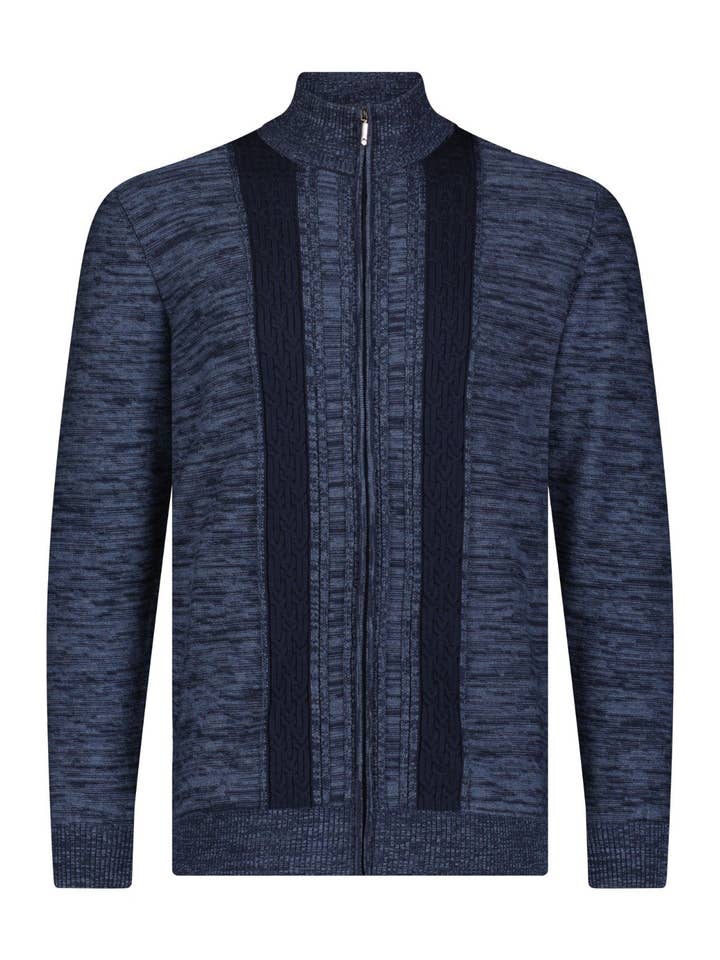 Gilet à fermeture éclair intégrale à rayures verticales en jacquard bleu marine pour la vente par Luchiano Visconti