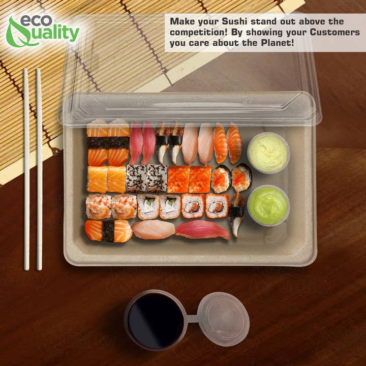 EcoQuality – wholesale Serving tray – 1.5L X-Large Compostable Natural Sugarcane Sushi Trays with Lids