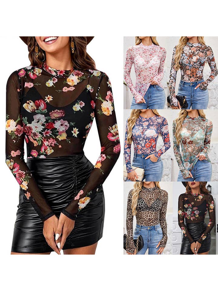 Masyal - Wholesale Blouse - Women's - High Collar Long Sleeve Lace Mesh Women's T-Shirt2