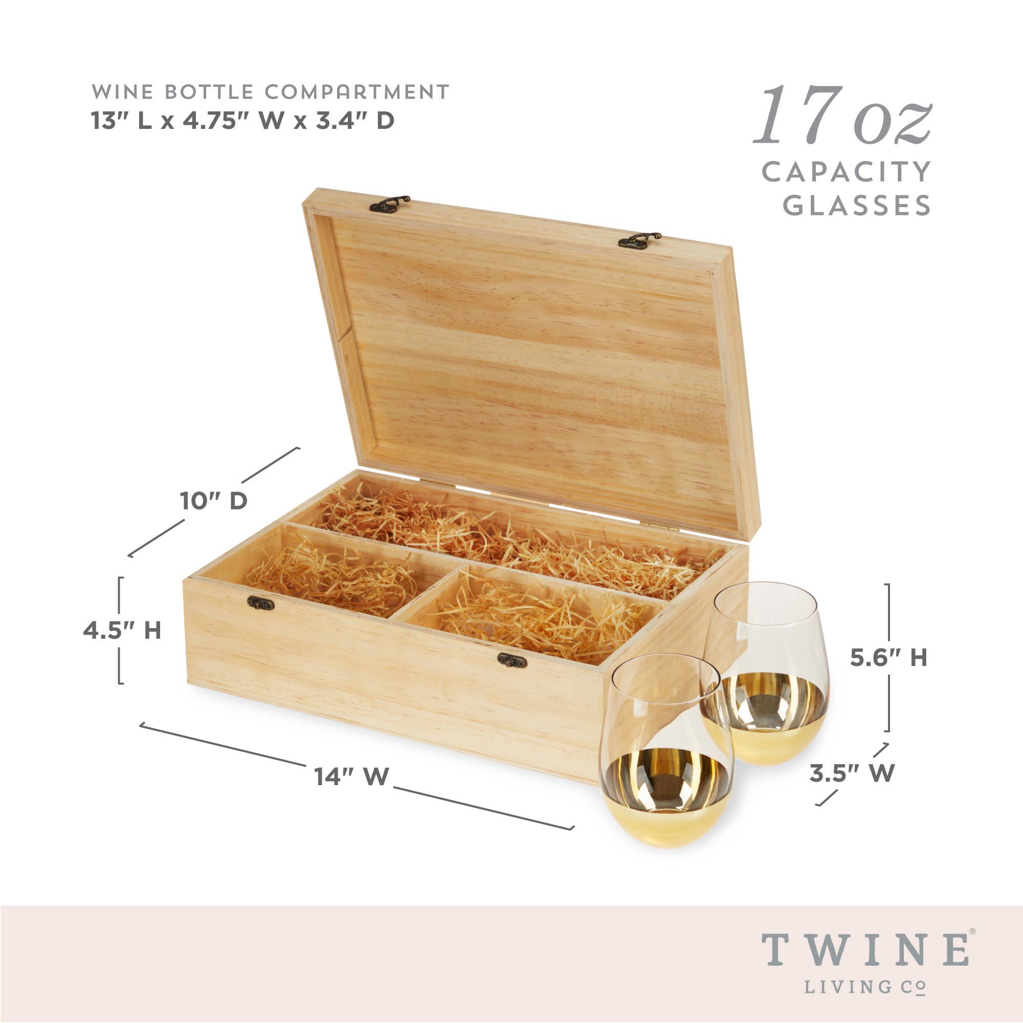 Twine - Vente Pochette cadeau pour bouteille de vin - Coffret cadeau en bois pour vin avec 2 verres sans pied trempés dans l'or5