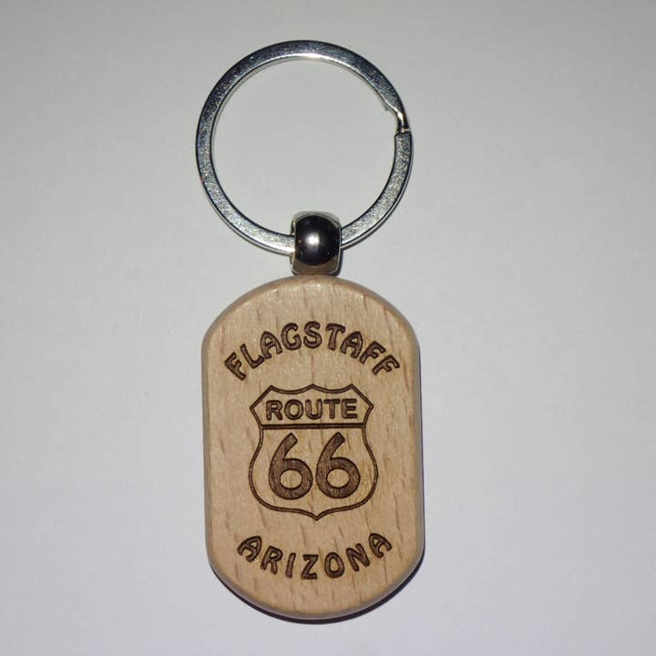 Route 66 wood keychain - customizable for wholesale by River's Edge Gourmet Foods