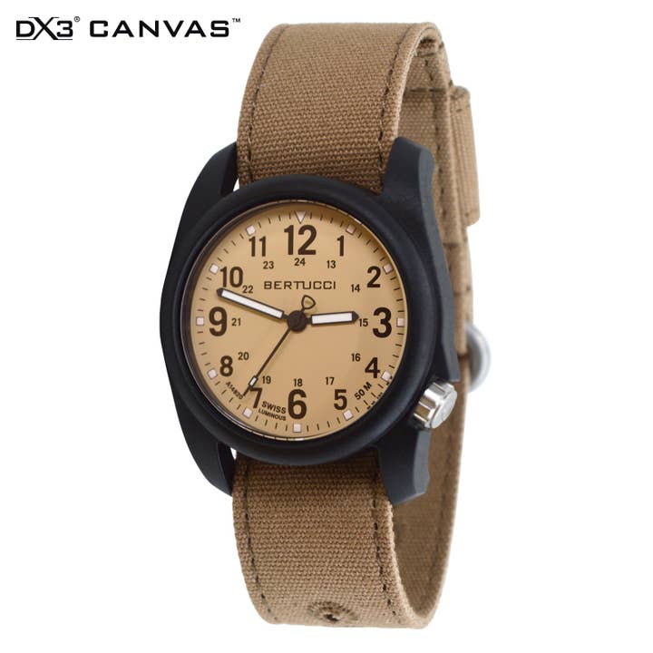 DX3 Canvas Horloge met Khaki Wijzerplaat en Sahara Canvas Band voor wholesale door Bertucci