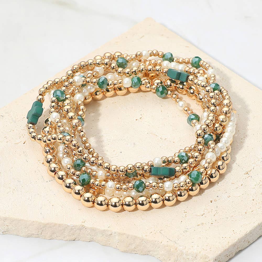 Sensibling Corp. - Wholesale Jewelry Set - 7PCS - Cross Pearl Metal Ball Beaded Stretch Multi Layered Bracelets0