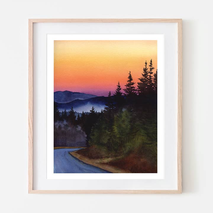 Blue Ridge Mountains Akvarel Kunsttryk for engroshandel hos Broken Paddle Studio