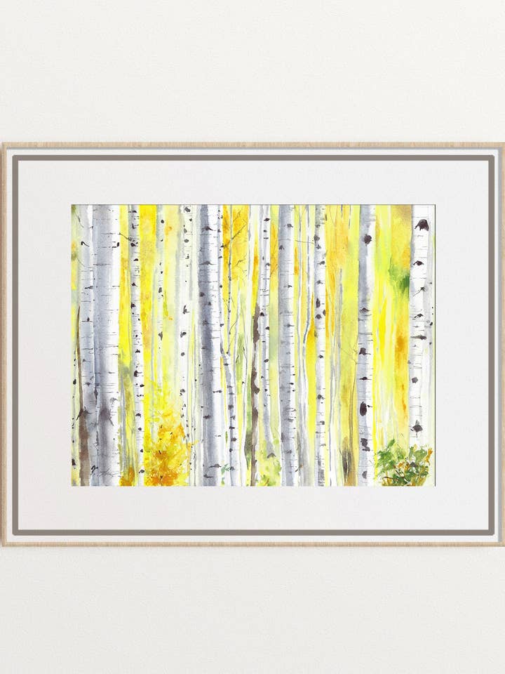 Aspen Grove Watercolor Art Print, Fall Birches Landscape for wholesale by Yuliasheart