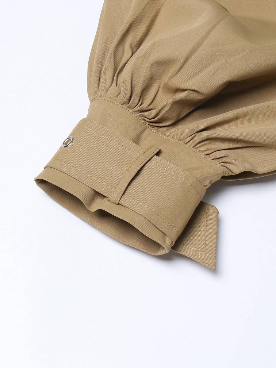 Khaki CT020 Women's Shoulder Ruffle Commuter Knee Length Coat for wholesale on Faire25