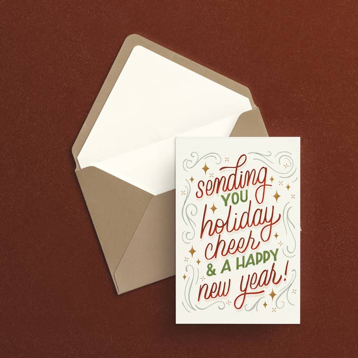 Sending Holiday Cheer and a Happy New Year Greeting Card for wholesale by Beka Gene Studio