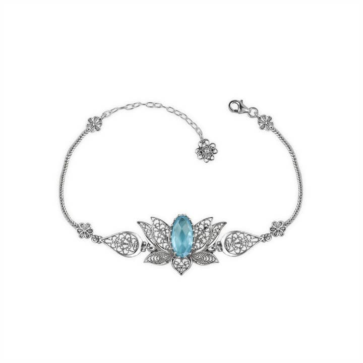 Filigranist Jewelry - Wholesale Link & Chain Bracelet - Multi Gemstone Women Silver Lotus Flower Link Bracelet4