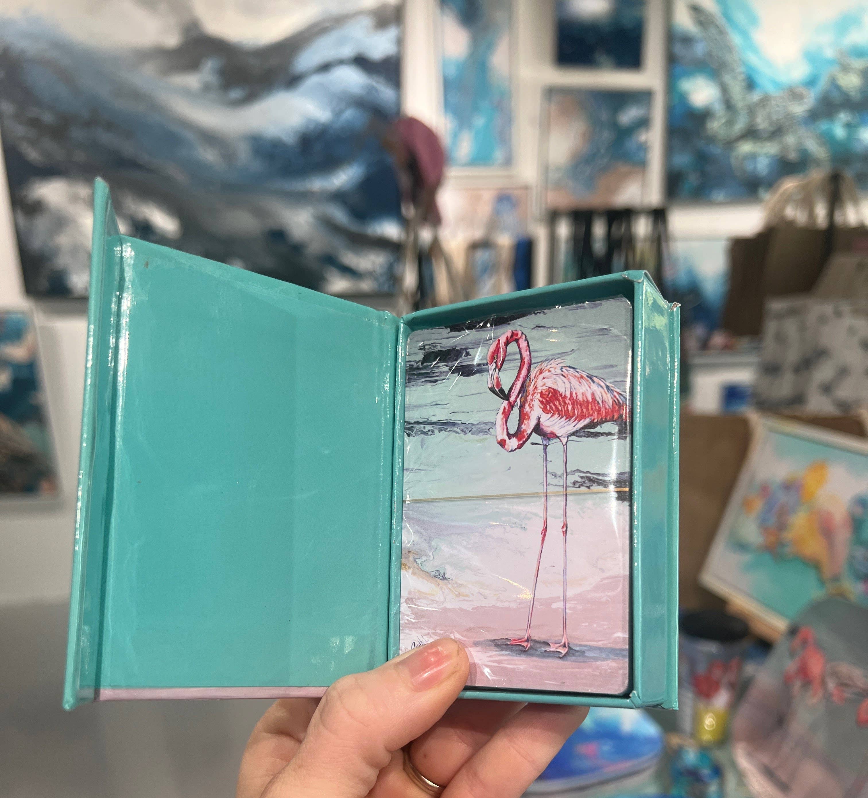 Rachel Pierce Art Gallery - Wholesale Playing Cards - Flamingo Playing Cards in Magnetic Closure Box1