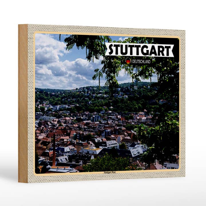 Wooden sign cities view of the city of Stuttgart West 18x12cm for wholesale by Femer