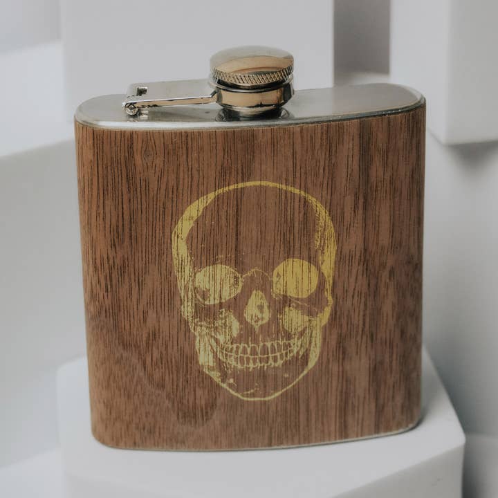 Wood Flask 6oz - Gold Foil Skull for wholesale by Spitfire Girl