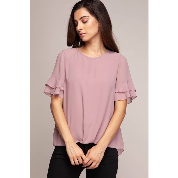 Twisted Bottom Ruffle Sleeve Blouse for wholesale by Naked Zebra Rack