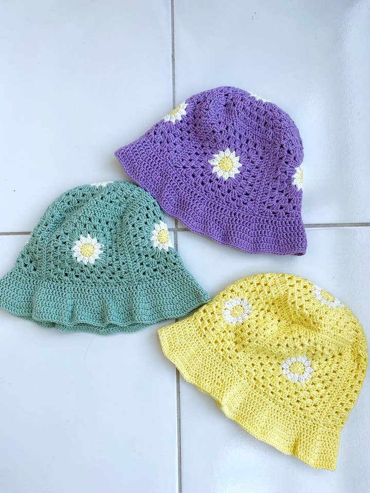 Handmade Crochet Daisy Granny Square Bucket Hat for wholesale by Honey Art and Nature