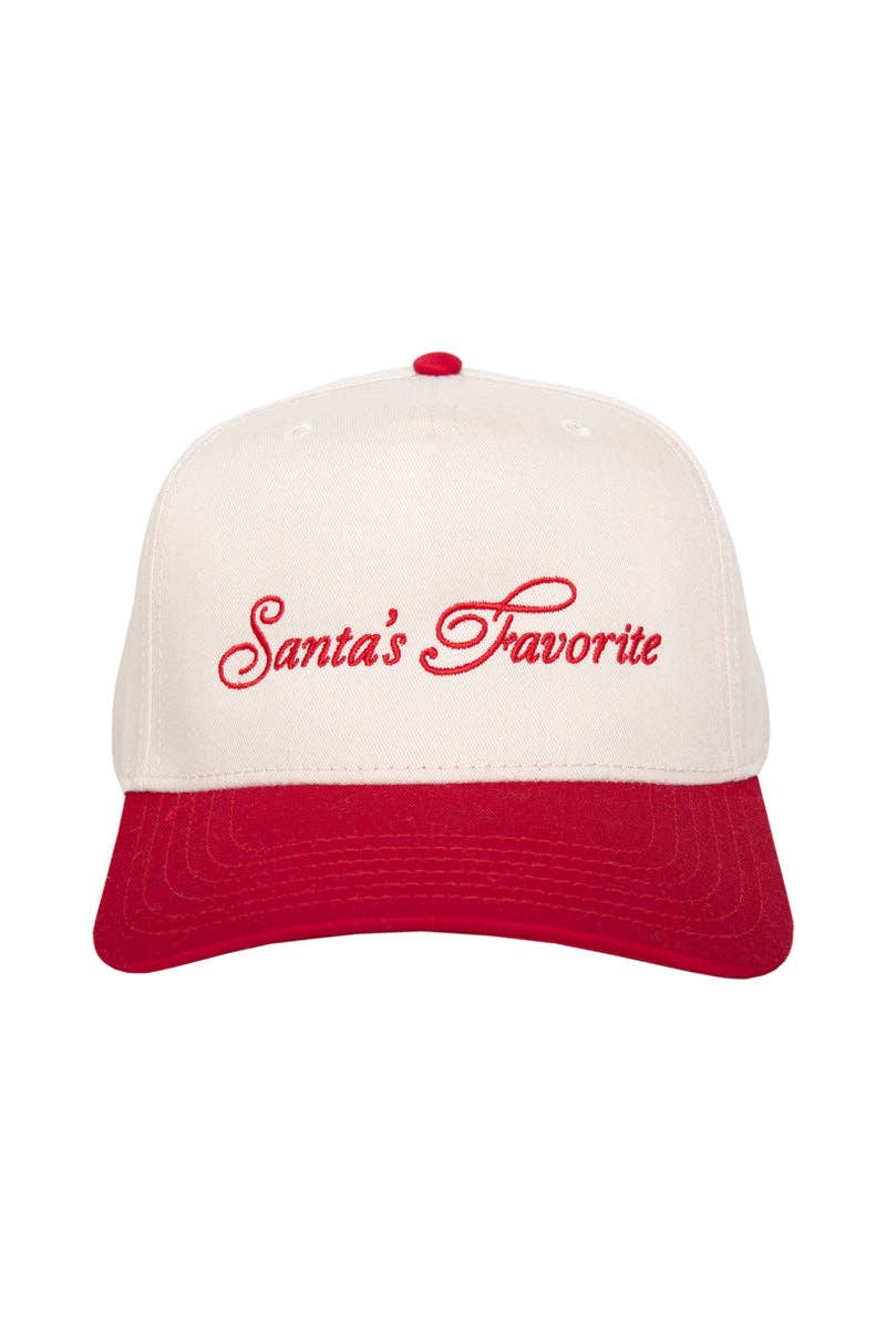 Red and Tan Santa's Favorite Vintage Christmas Trucker Hats for Women for wholesale on Faire2