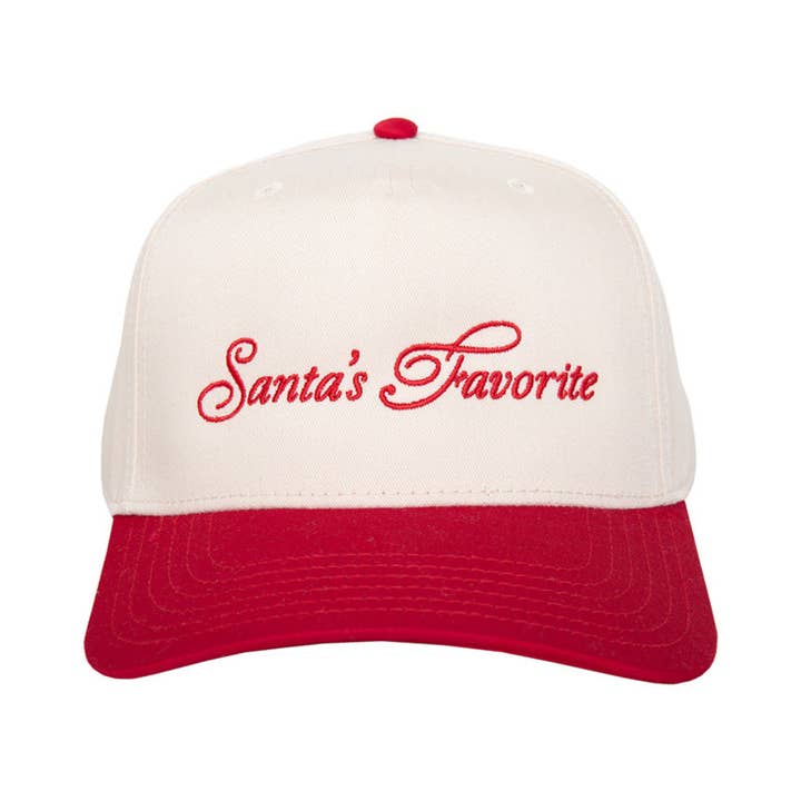 Red and Tan Santa's Favorite Vintage Christmas Trucker Hats for Women for wholesale on Faire2