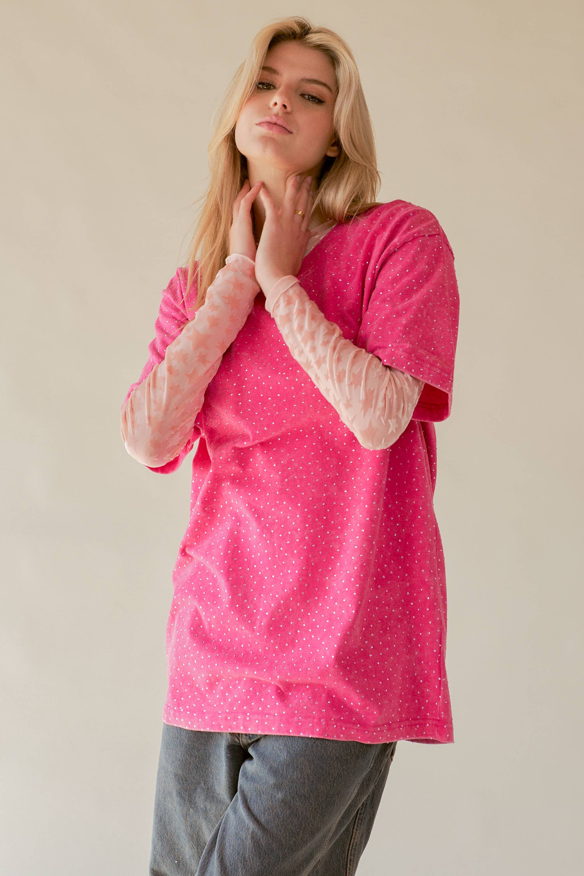 Davi & Dani – wholesale T-shirt (utan tryck) – Dam – GLITTER MÖNSTER KORTÄRMAD RUND HALS TOPP9