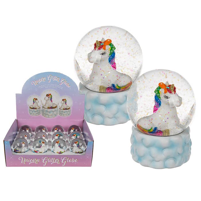 Polyresin glitterglob med liggande enhörning på moln för wholesale av Out of the blue KG