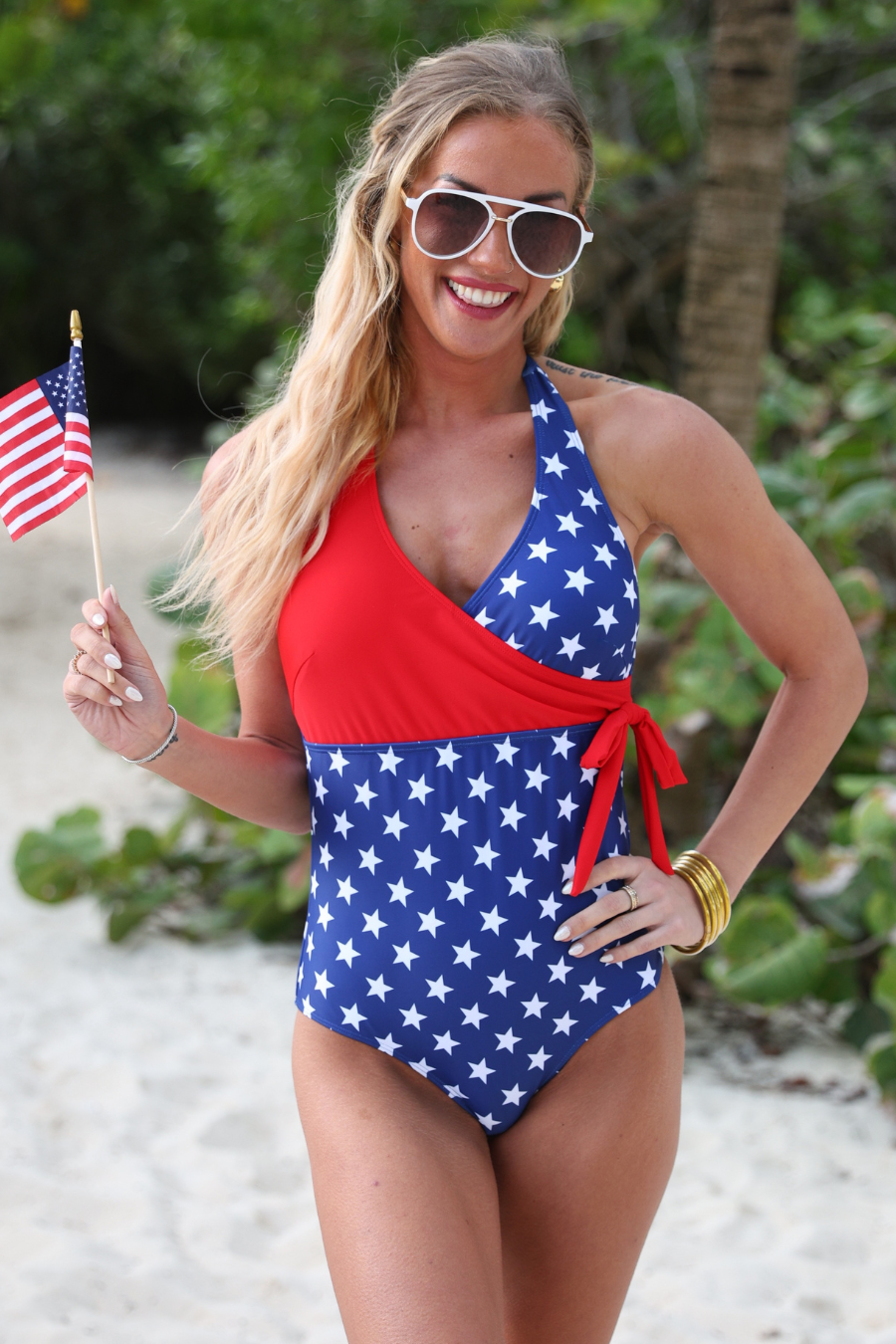 Red Blue Liberty Wave Halter Swimsuit, Red/Blue for wholesale on Faire1