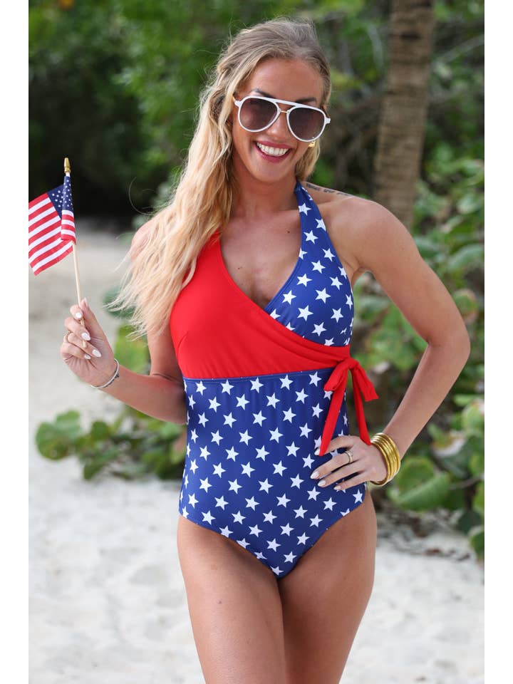Red Blue Liberty Wave Halter Swimsuit, Red/Blue for wholesale on Faire1
