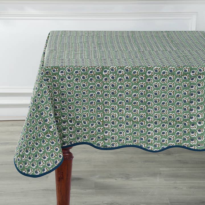 Fabricrush - Wholesale Tablecloth - Basil Green Block Printed Piping Tablecloth 100% Cotton 3