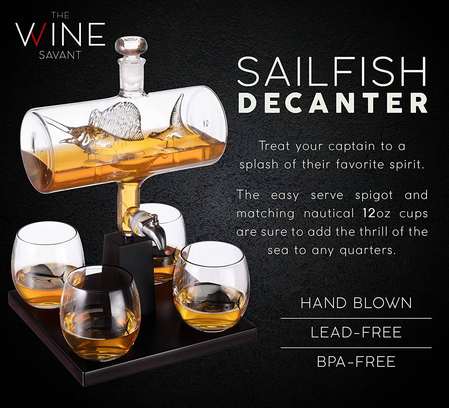 The Wine Savant /  Khen Glassware - Wholesale Decanter - Sailfish Whiskey Decanter Dispenser and 4 Liquor Glasses3
