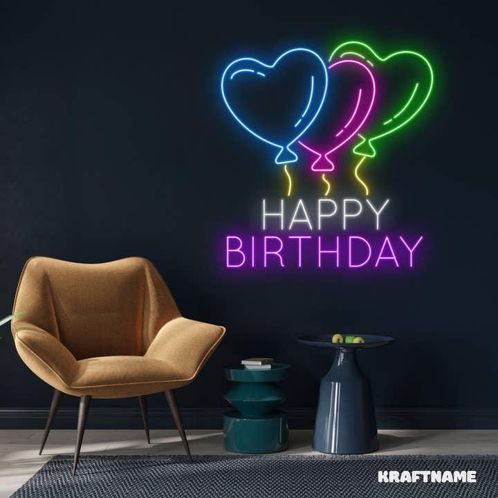 Panneau néon en forme de ballon « Joyeux anniversaire », décoration de fête d'anniversaire pour la vente par Glow Neon