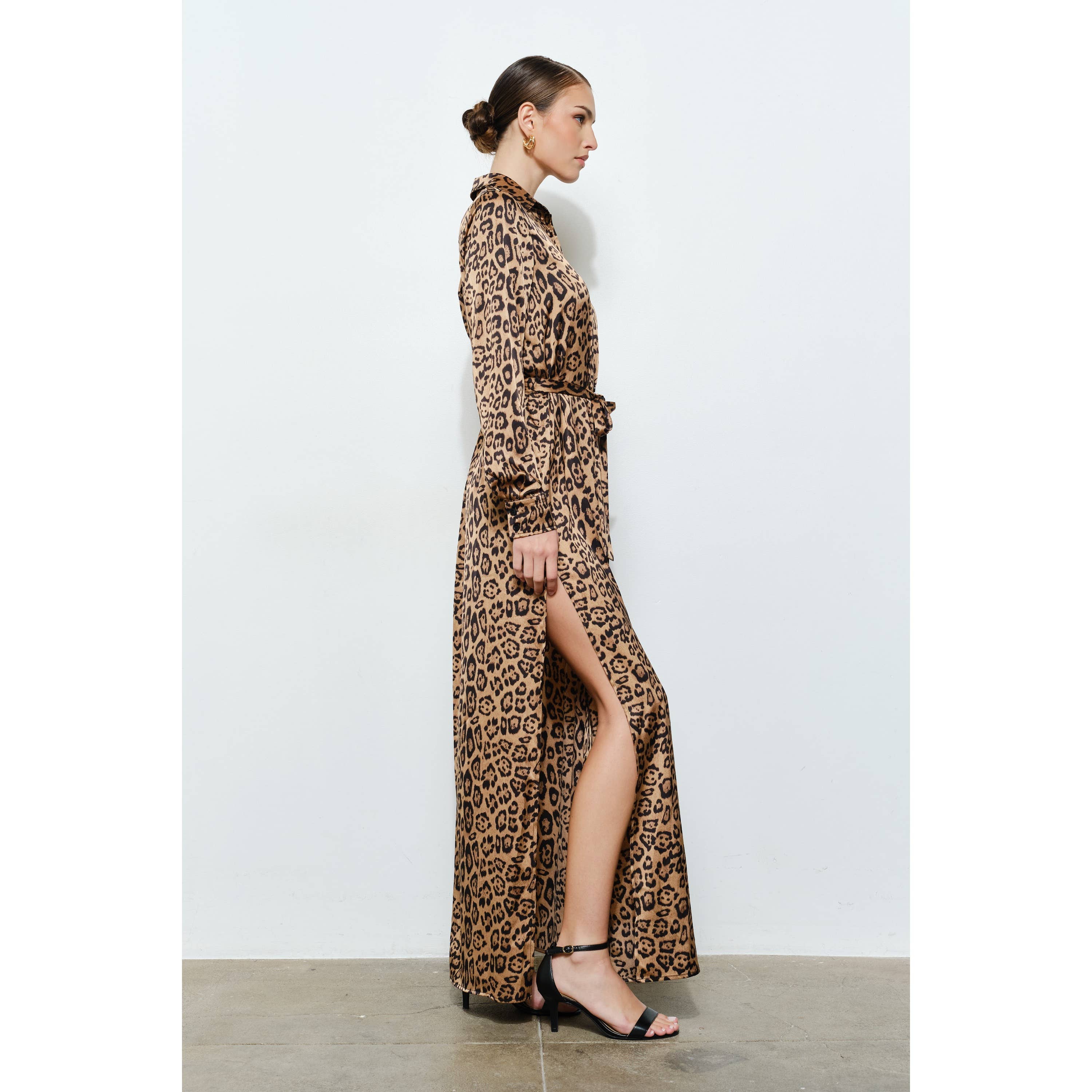 Chic Leopard Print Satin Waist Tie Slit Maxi Dress for wholesale on Faire4