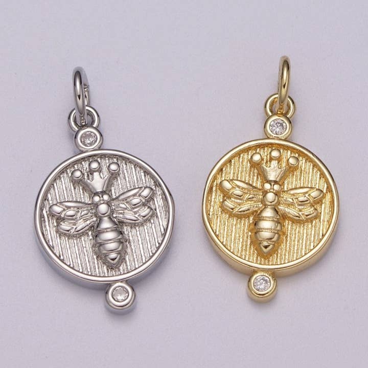 14k Dainty Gold Filled Embossment Bee On Round Coin Charms, Dainty Charms, Gold Bee Pendant, Round Necklace Charms, M-900-M-901 for wholesale by Aim Eternal