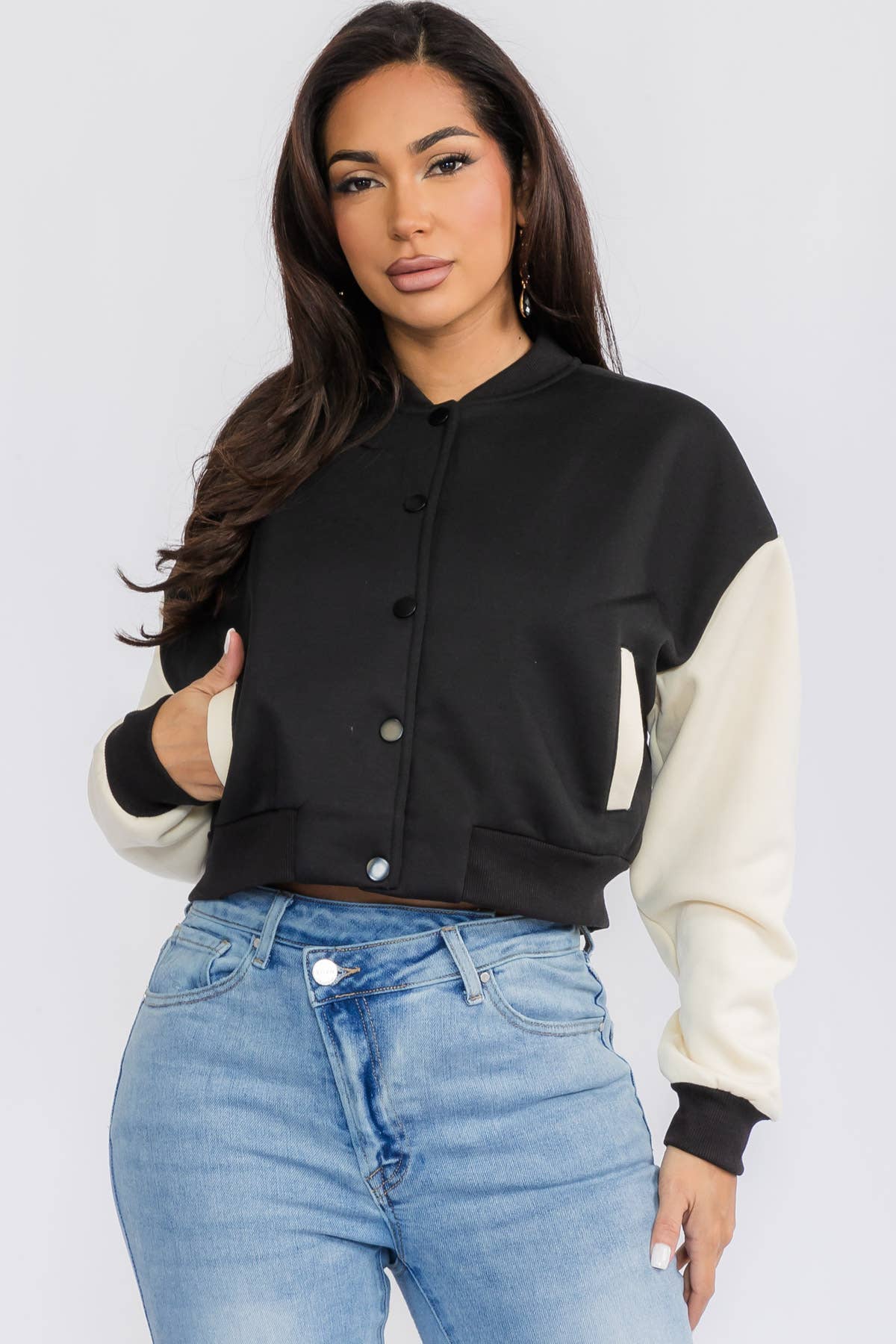 H&H Fashion Inc. - Wholesale Varsity/Baseball Jacket - Women's - 12371 - Color-Block Cropped Varsity Jacket5