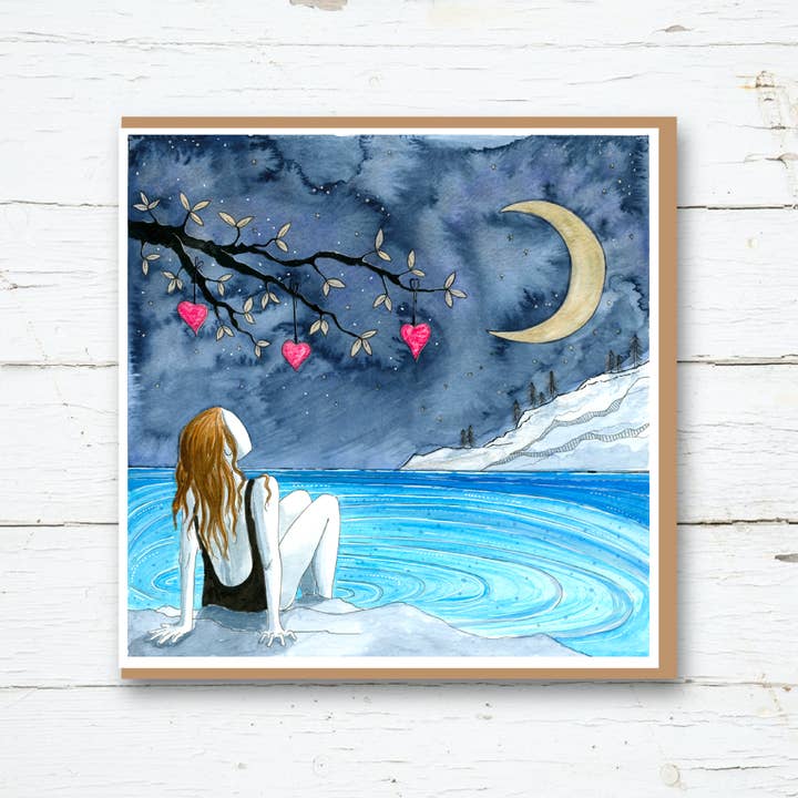Moonlit Love Swim Greetings Card for wholesale by Cornwall Studios