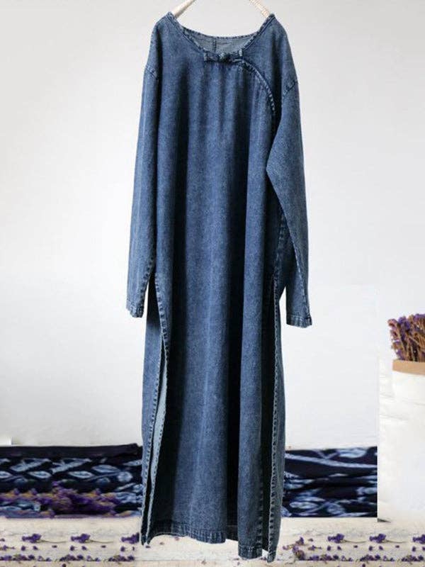 BLUE Loose Button Split-side Jeans Long Dress for wholesale on Faire4