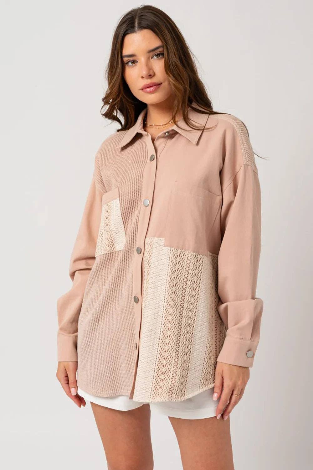 Dusty Blush Mixed Media Button Down Waffle Knit Shacket for wholesale on Faire0