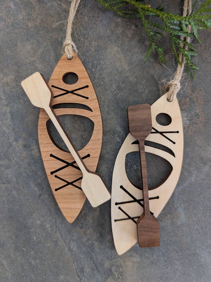 Wood Kayak Ornament – Handcrafted Canada Souvenir Christmas for wholesale by Foxwood Gifts Canada