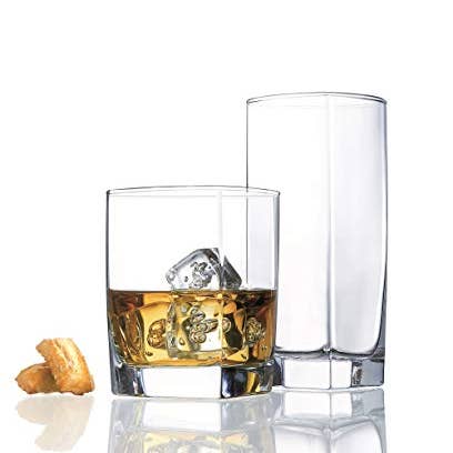 Le'raze Conjunto de 16 Óculos de Beber Quadrados Duráveis Heavy Base Inclui 8 Copos Refrigeradores (17oz) e 8 dof Rocks (13oz) - Copos de Vidro Transparente - Elegant Glassware Set por atacado de Le'raze