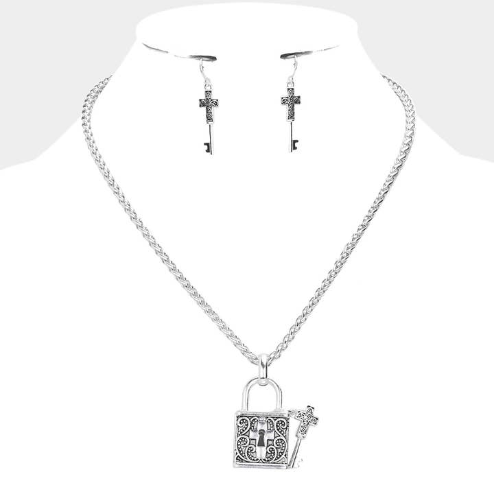 Sensibling Corp. - Wholesale Pendant/Charm Necklace - Cross Centered Metal Lock Key Pendant Necklace