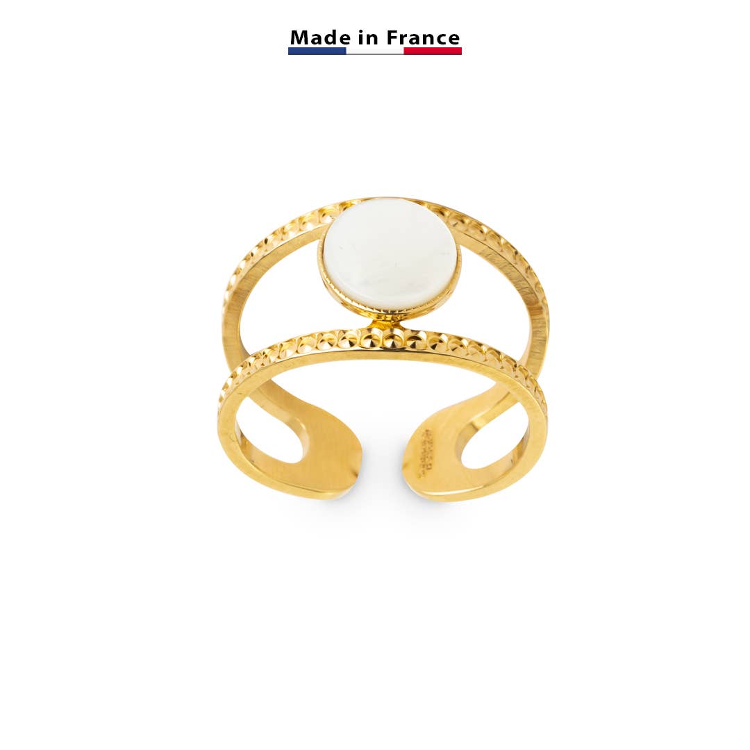 Bijoux Fabrication Française - Wholesale Single Stone/Solitaire Ring - Mother-of-pearl or labradorite hallmark double ring - 18K gold